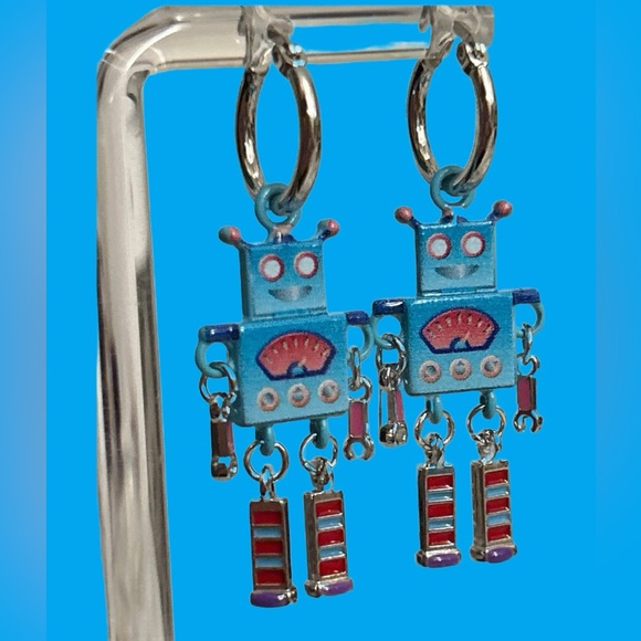 Blue Robot Dangle Earrings 925 Silver Hoops - Picture 1 of 5